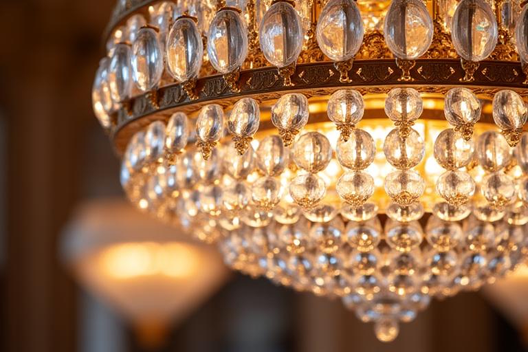 A detailed view of a magnificent crystal chandelier in the Great Hall.