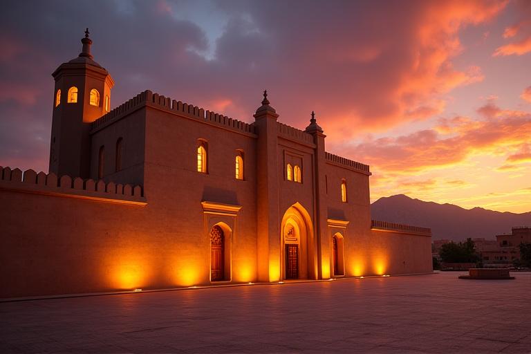 The exterior of Qasr Al Watan glowing during sunset.