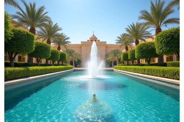 Majestic fountain and manicured gardens at Qasr Al Watan.