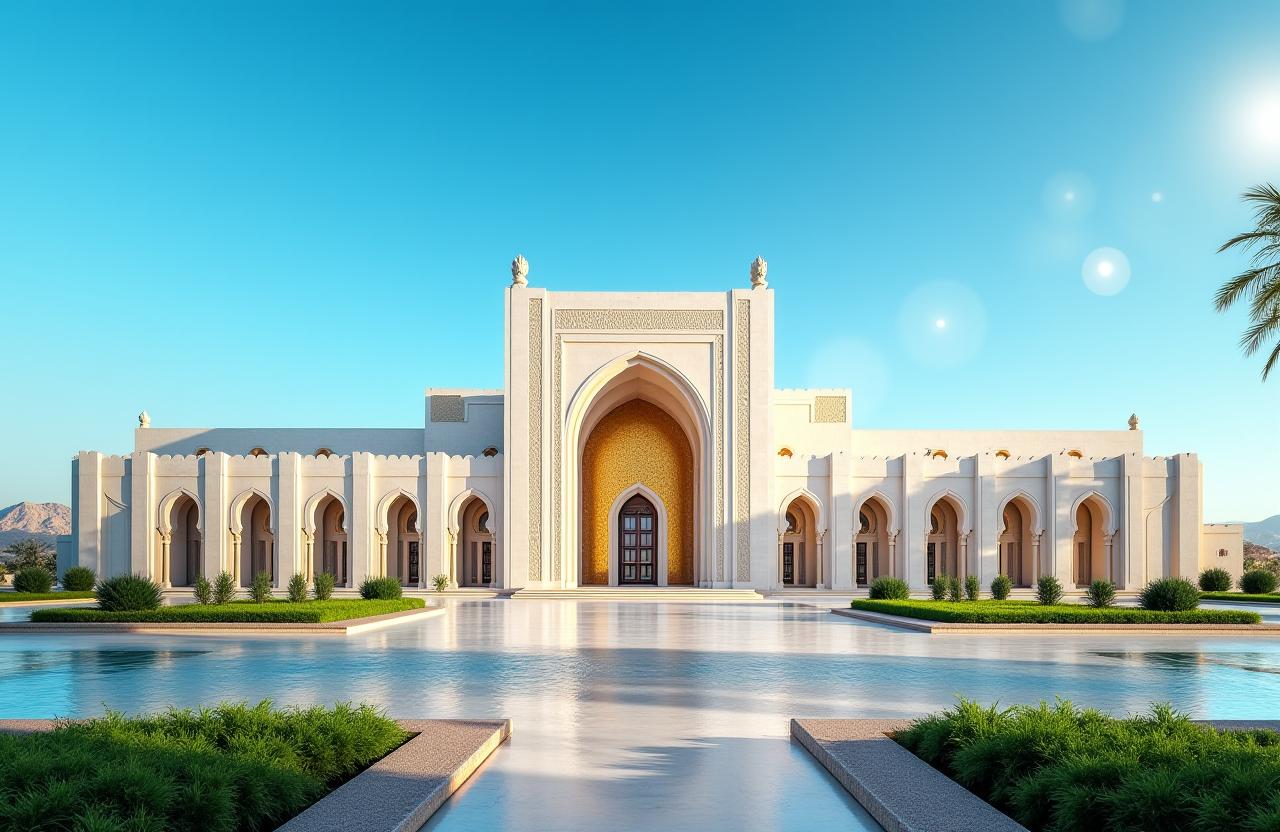 The magnificent facade of Qasr Al Watan under a clear blue sky.